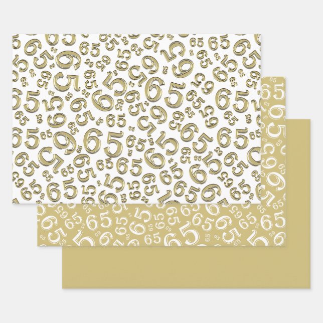 65th Birthday Gold & White Number Pattern 65 Wrapping Paper Sheets (Set)