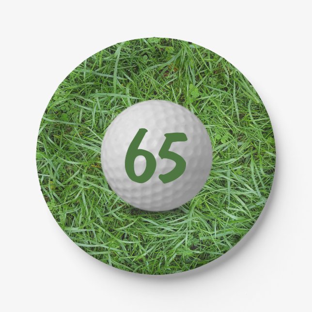 65th Birthday Golf Ball on Grass Paper Plate (Front)