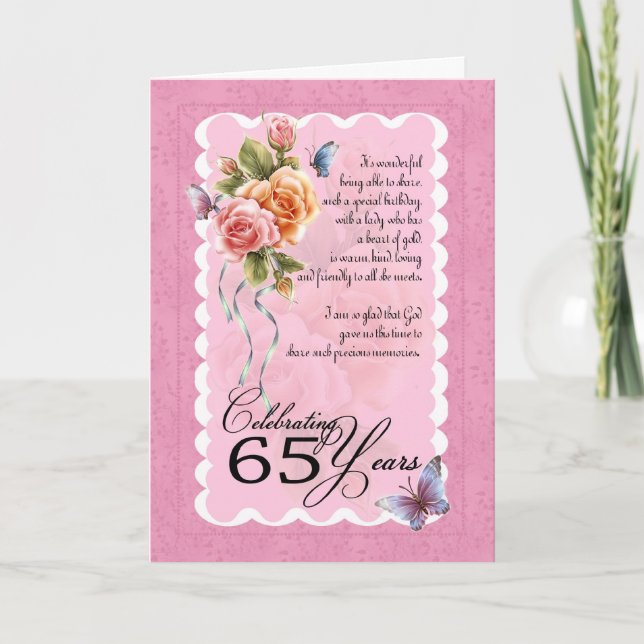 65th birthday greeting card - roses and butterflie (Front)