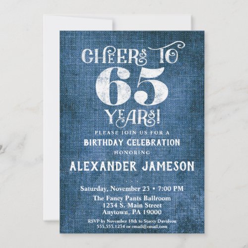 65th Birthday Invitation Blue Linen Rustic Cheers