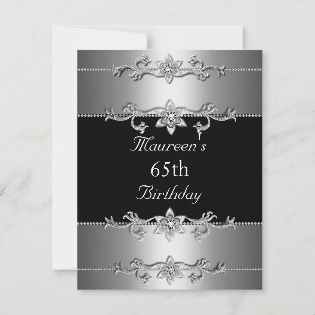65th Birthday Invitation Elegant Black Silver (Front)