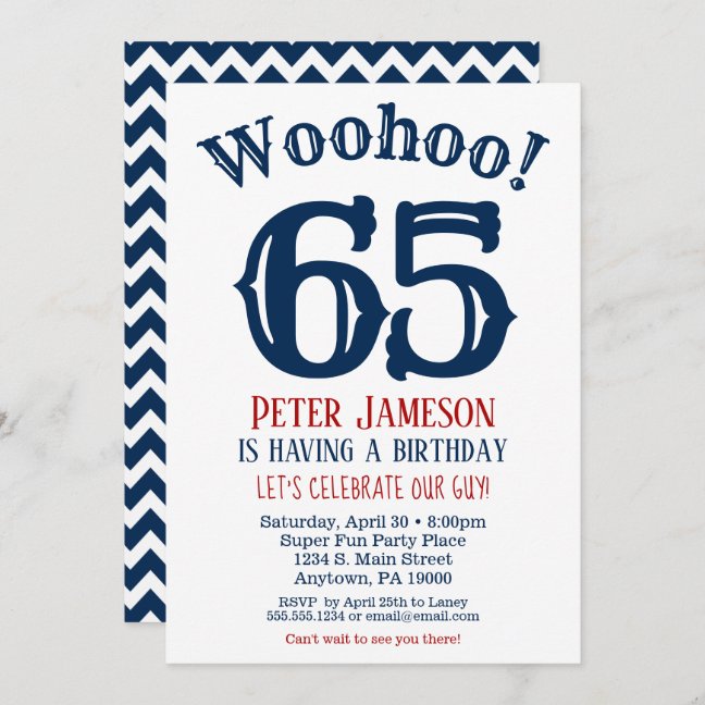 65th Men's Birthday Invitation - Blue Chevron