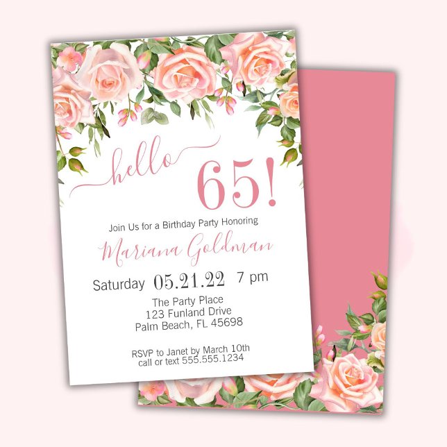 65th Birthday Invitations Pink Floral Modern Party (Creator Uploaded)