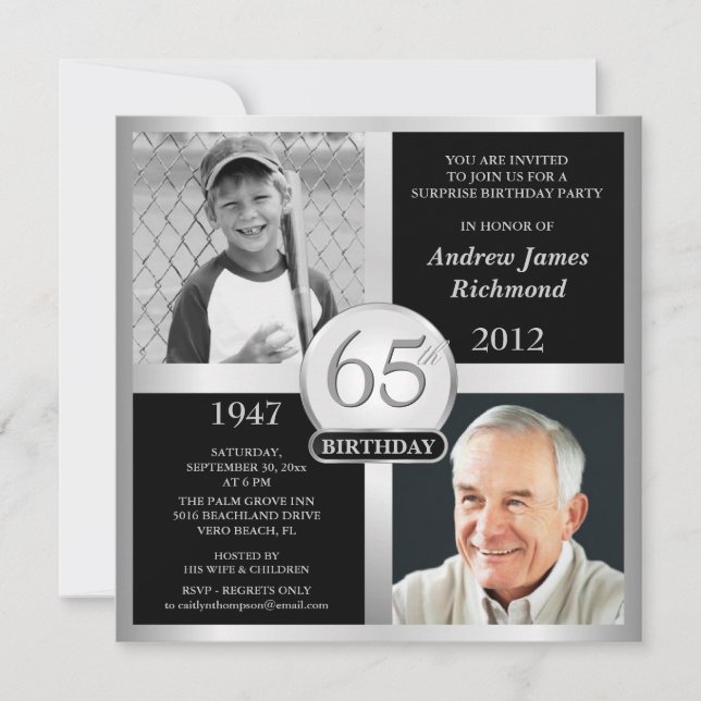 65th Birthday Invitations Then & Now Photos (Front)