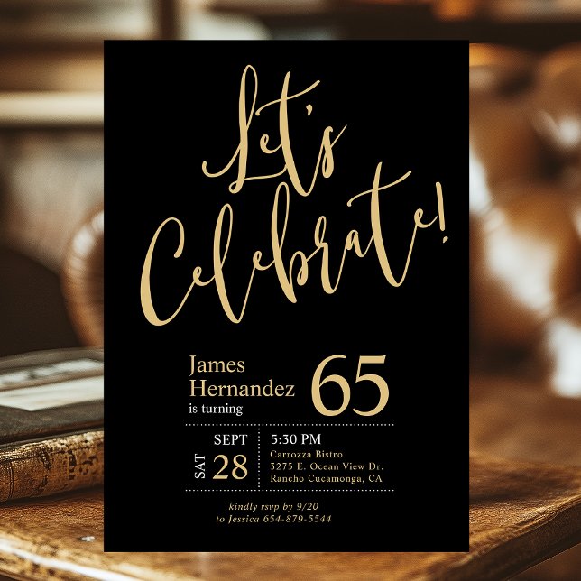 65th Birthday Let's Celebrate Black Gold Photo Invitation (Creator Uploaded)