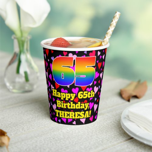 65th Birthday Loving Hearts Pattern Rainbow 65 Paper Cups