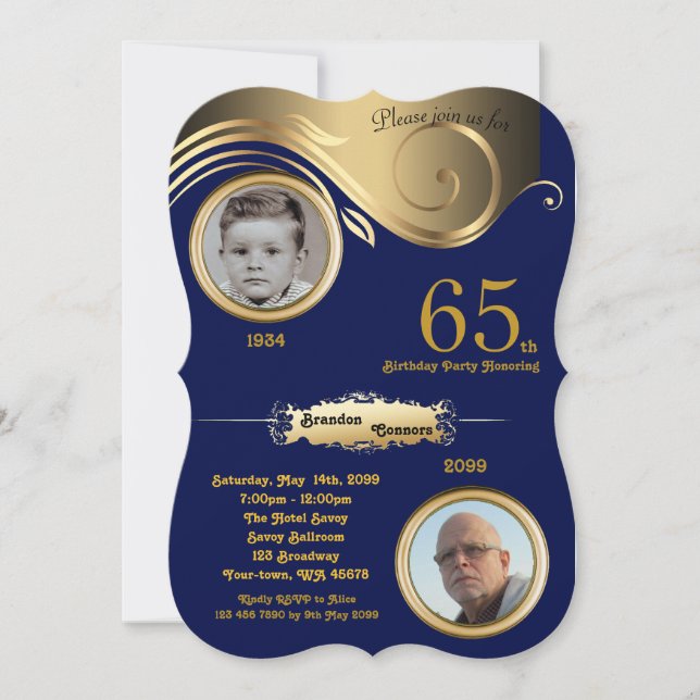 65th,Birthday Man age, art deco,Navy gold Invitation (Front)