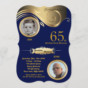 65th,Birthday Man age, art deco,Navy gold Invitation