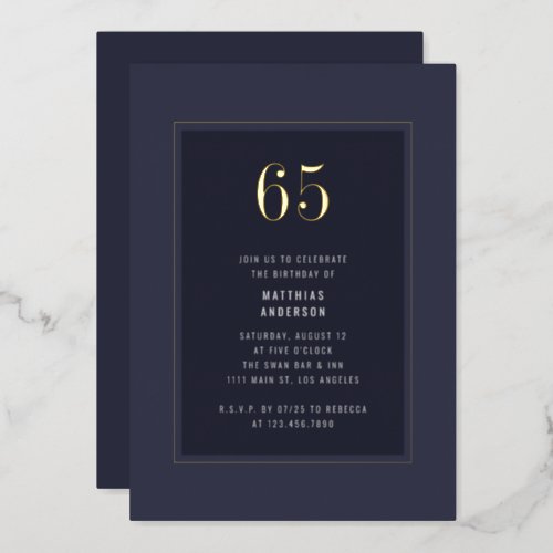 65th Birthday Minimal Elegant Dark Gold Frame Foil Invitation