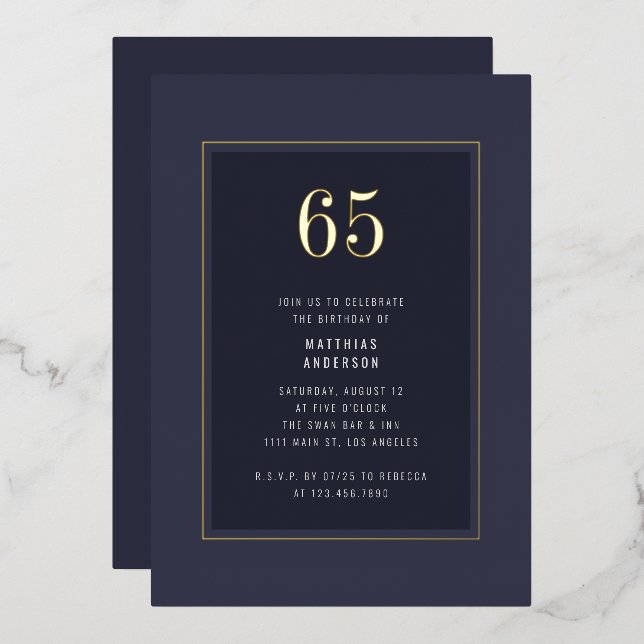 65th Birthday Minimal Elegant Dark Gold Frame Foil Invitation (Front/Back)
