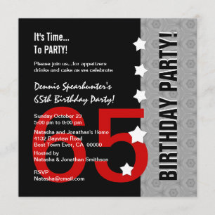 65th Birthday Modern Red Silver Black Funny D845D1 Invitation