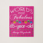 65th Birthday Most Fabulous Colorful Gems Pink Jigsaw Puzzle<br><div class="desc">Celebrate the milestone birthday of your favorite senior citizen with this fun gift reminding them of how fabulous they are. White and grey lettering on deep pink background. Colorful diamond-cut gems in rainbow tones serve as accent. Customize with names, initials or other text. This series is in increments of 5...</div>