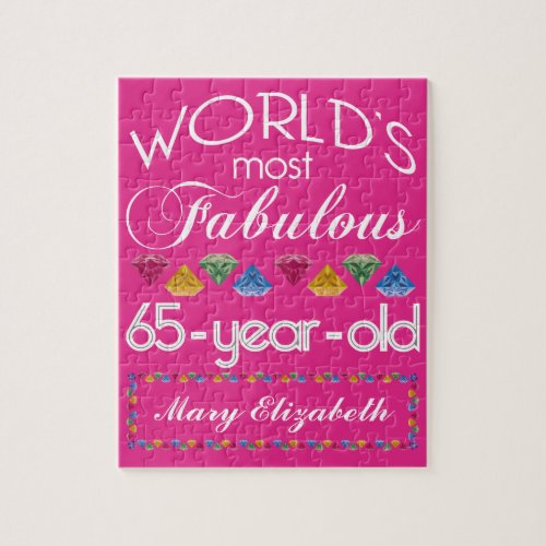 65th Birthday Most Fabulous Colorful Gems Pink Jigsaw Puzzle