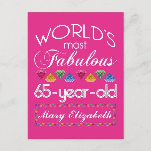 65th Birthday Most Fabulous Colorful Gems Pink Postcard