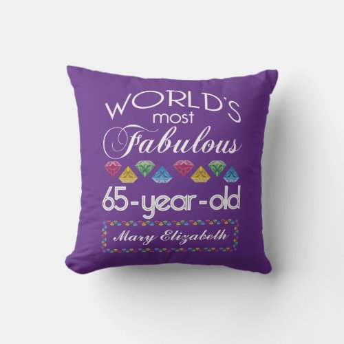 65th Birthday Most Fabulous Colorful Gems Purple Throw Pillow