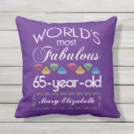65th Birthday Most Fabulous Colorful Gems Purple Throw Pillow<br><div class="desc">Celebrate the milestone birthday of your favorite senior citizen with this fun gift reminding them of how fabulous they are. White and grey lettering on deep purple background. Colorful diamonds in rainbow tones serve as accent. Customize with names, initials or other text. This series is in increments of 5 years...</div>