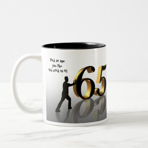 65th Birthday mug 3D text man pushing 65