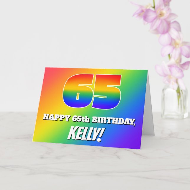 65th Birthday: Multicolored Rainbow Pattern # 65 Card (Orchid)