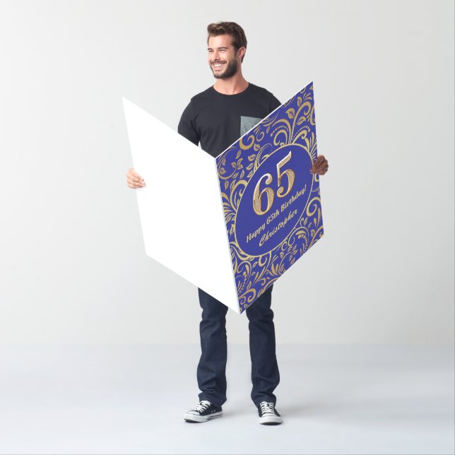 65th Birthday Navy Blue and Gold Floral Pattern Card (In Situ)