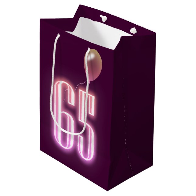 65th Birthday Neon Sign and Balloon  Medium Gift Bag (Front Angled)