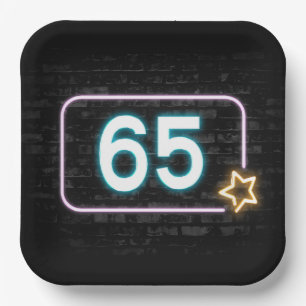 65th Birthday Neon Sign On Brick  Paper Plates