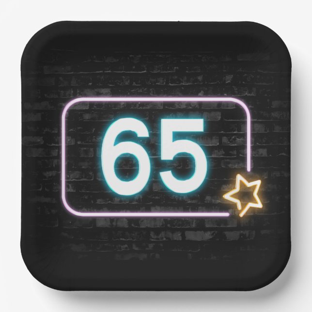65th Birthday Neon Sign On Brick  Paper Plates (Front)