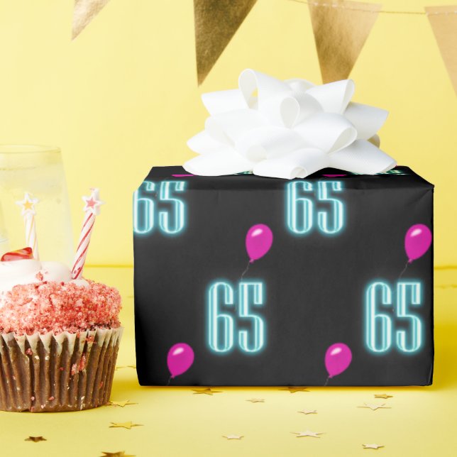 65th Birthday Neon with Balloon Wrapping Paper (Birthday Party)