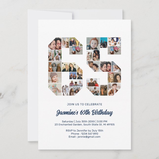 65th Birthday Number 65 Custom Photo Collage Invitation (Front)