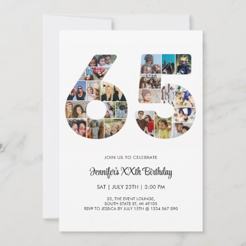 65th Birthday Number 65 Custom Photo Collage Invitation
