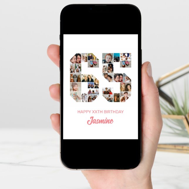 65th Birthday Number 65 Photo Collage Personalized Card (Front Digital)