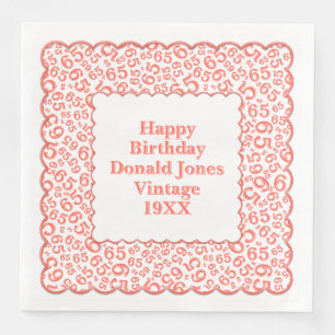 65th Birthday Number Pattern Scallops Coral/White Paper Dinner Napkins