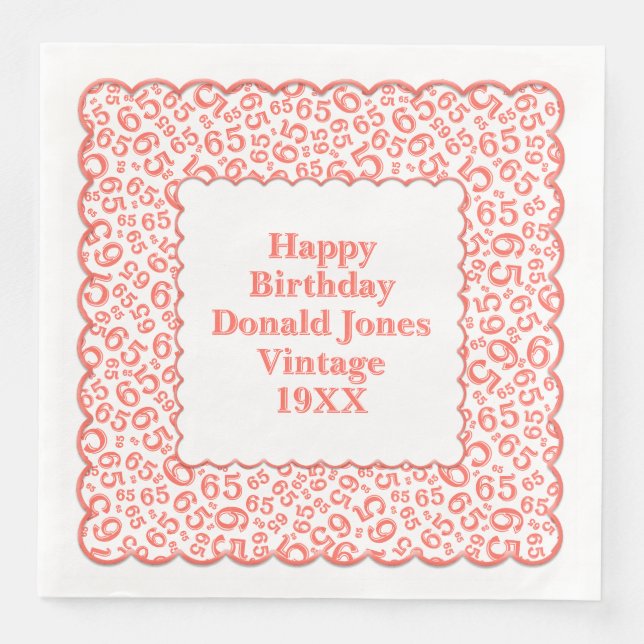 65th Birthday Number Pattern Scallops Coral/White Paper Dinner Napkins (Front)