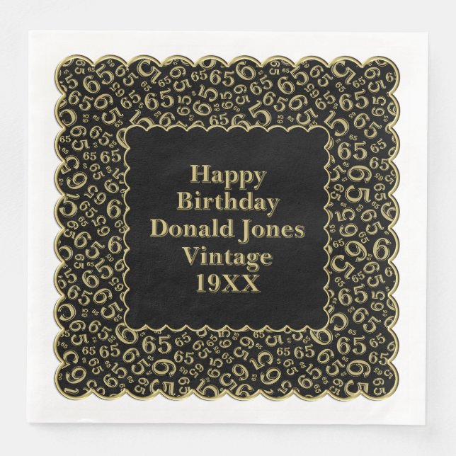 65th Birthday Number Pattern Scallops Gold/Black Paper Dinner Napkins (Front)