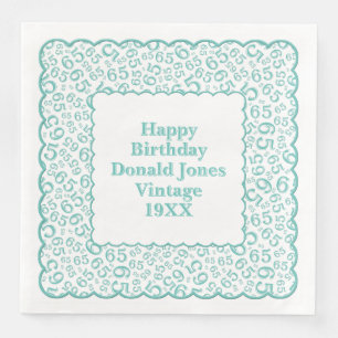 65th Birthday Number Pattern Scallops Teal/White Paper Dinner Napkins