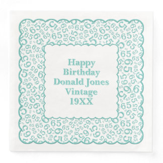 65th Birthday Number Pattern Scallops Teal/White Paper Dinner Napkins