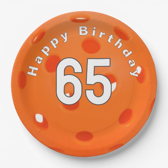 65th Birthday Orange Pickleball Paper Plates (Front)