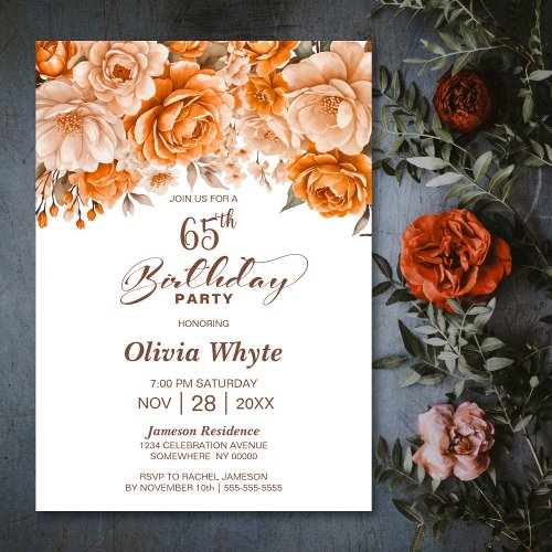 65th Birthday Orange Rose Floral Party Invitation