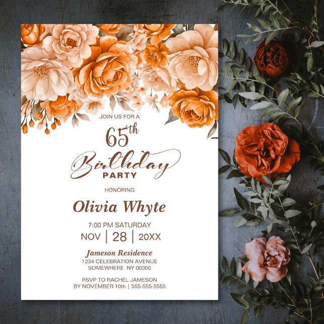 65th Birthday Orange Rose Floral Party Invitation (Creator Uploaded)