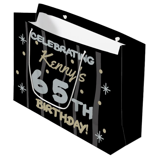 65th Birthday Party Add Your Name Large Gift Bag (Front Angled)