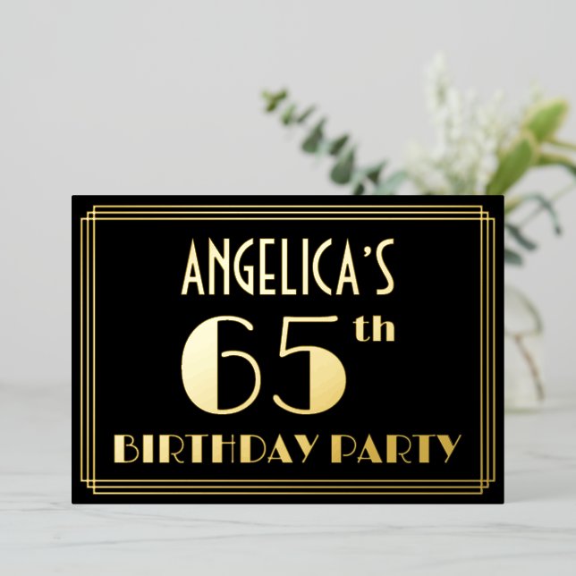 65th Birthday Party: Art Deco Look “65”, w/ Name Foil Invitation (Standing Front)