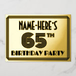 [ Thumbnail: 65th Birthday Party — Art Deco Style “65” & Name Invitation ]