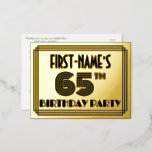 [ Thumbnail: 65th Birthday Party ~ Art Deco Style “65” + Name Postcard ]