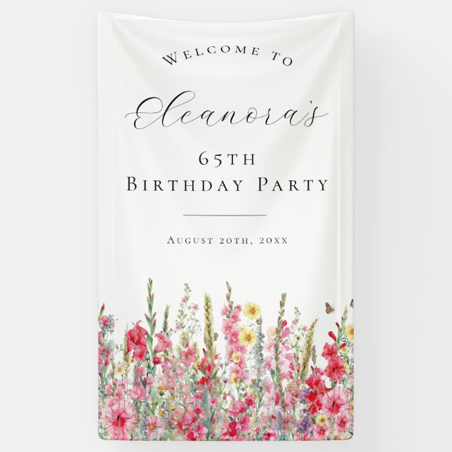65th Birthday Party August Birth Flower Welcome Banner (Vertical)