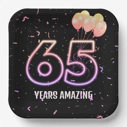 65th Birthday Party Balloons and Confetti Paper Plates
