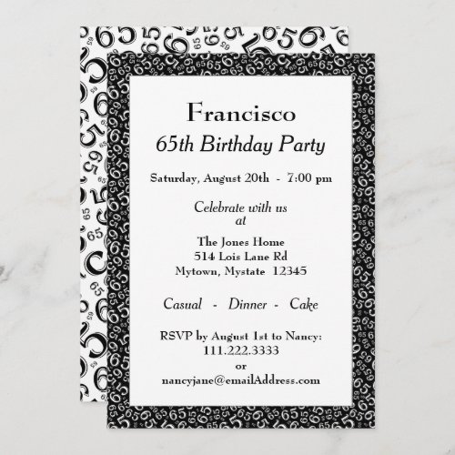 65th Birthday Party BlackWhite Number Pattern Invitation