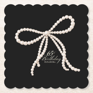 65th Birthday Party Black White Pearl Bow Custom Paper Coaster