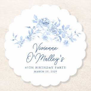 65th Birthday Party Blue Rose Floral Custom Paper Coaster