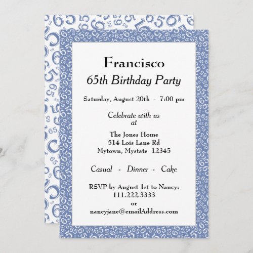 65th Birthday Party BlueWhite Number Pattern Invitation