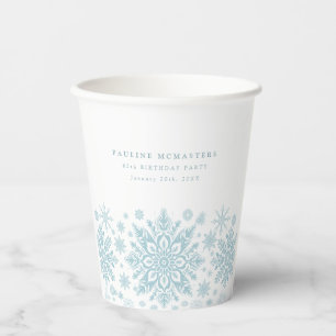 65th Birthday Party Blue White Snowflake Custom Paper Cups