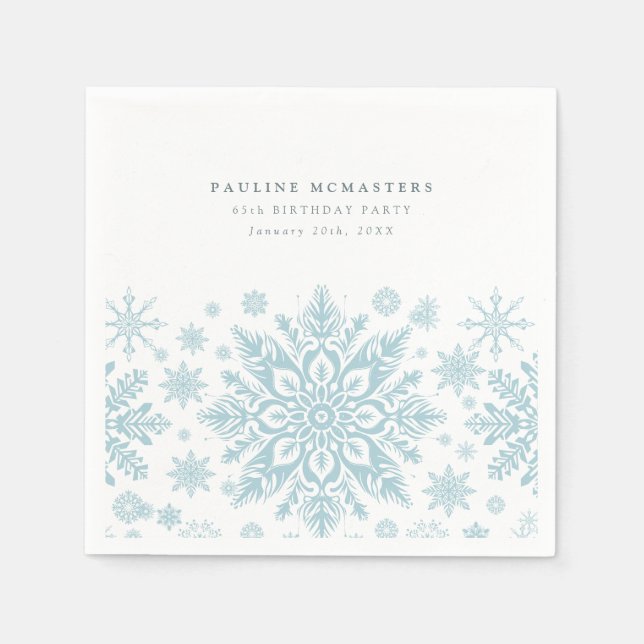 65th Birthday Party Blue White Snowflake Winter Napkins (Front)